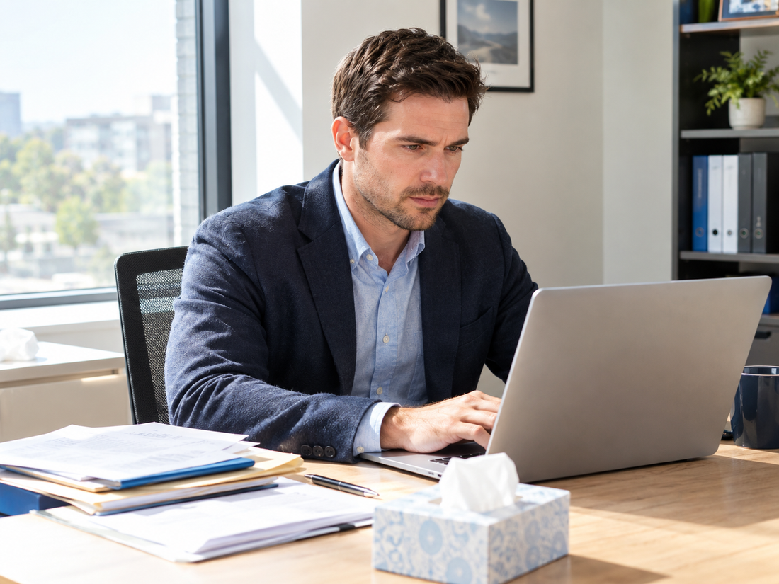 A professional insurance adjuster in a suit working on a laptop in a bright office, representing the straightforward approach needed to complete 24-hour Texas Adjuster CE requirements.