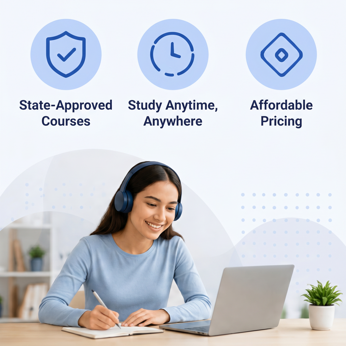 Time2Renew homepage banner highlighting state-approved, flexible, and affordable online education.