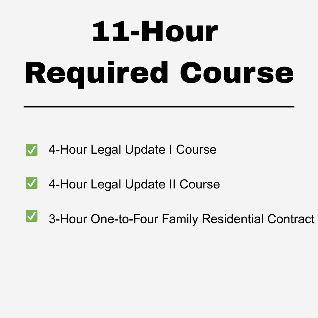 Time2Renew Texas Real Estate CE 11-Hour Required Course Package covering Legal Updates and Residential Contract