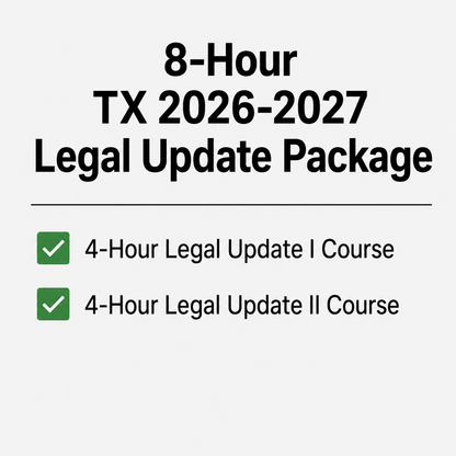 Time2Renew Texas Real Estate CE 8-Hour TX 2026-2027 Legal Update Package combining Legal Update I and II courses