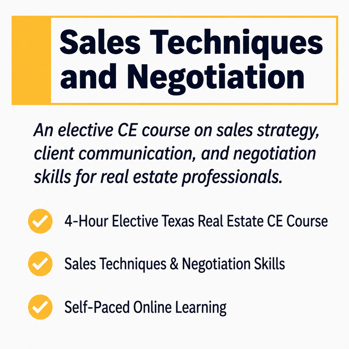 Time2Renew Texas Real Estate CE 4-Hour Sales Techniques and Negotiation elective course covering strategy and client communication
