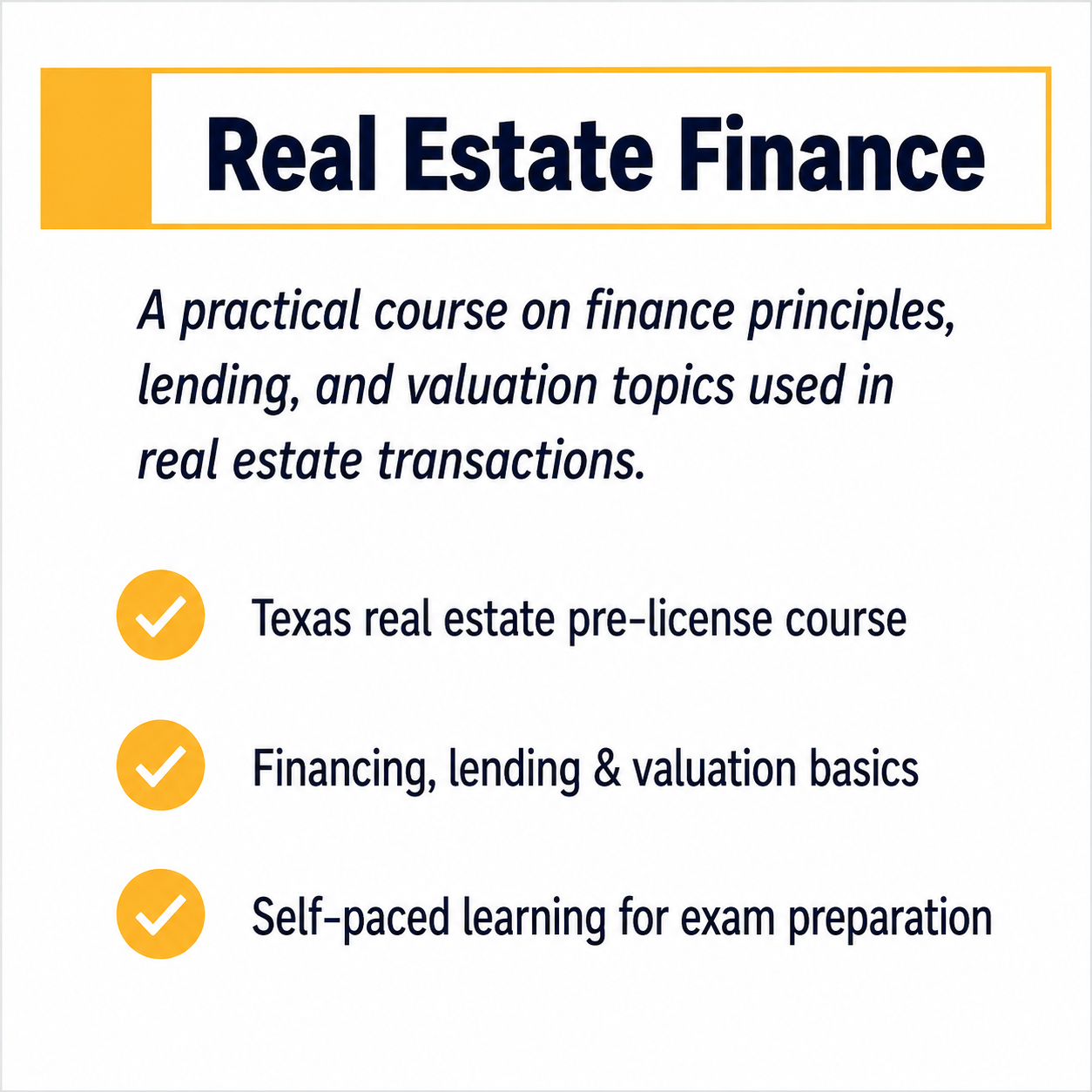 Time2Renew Texas Real Estate Pre-license Real Estate Finance course covering finance principles, lending, and valuation topics