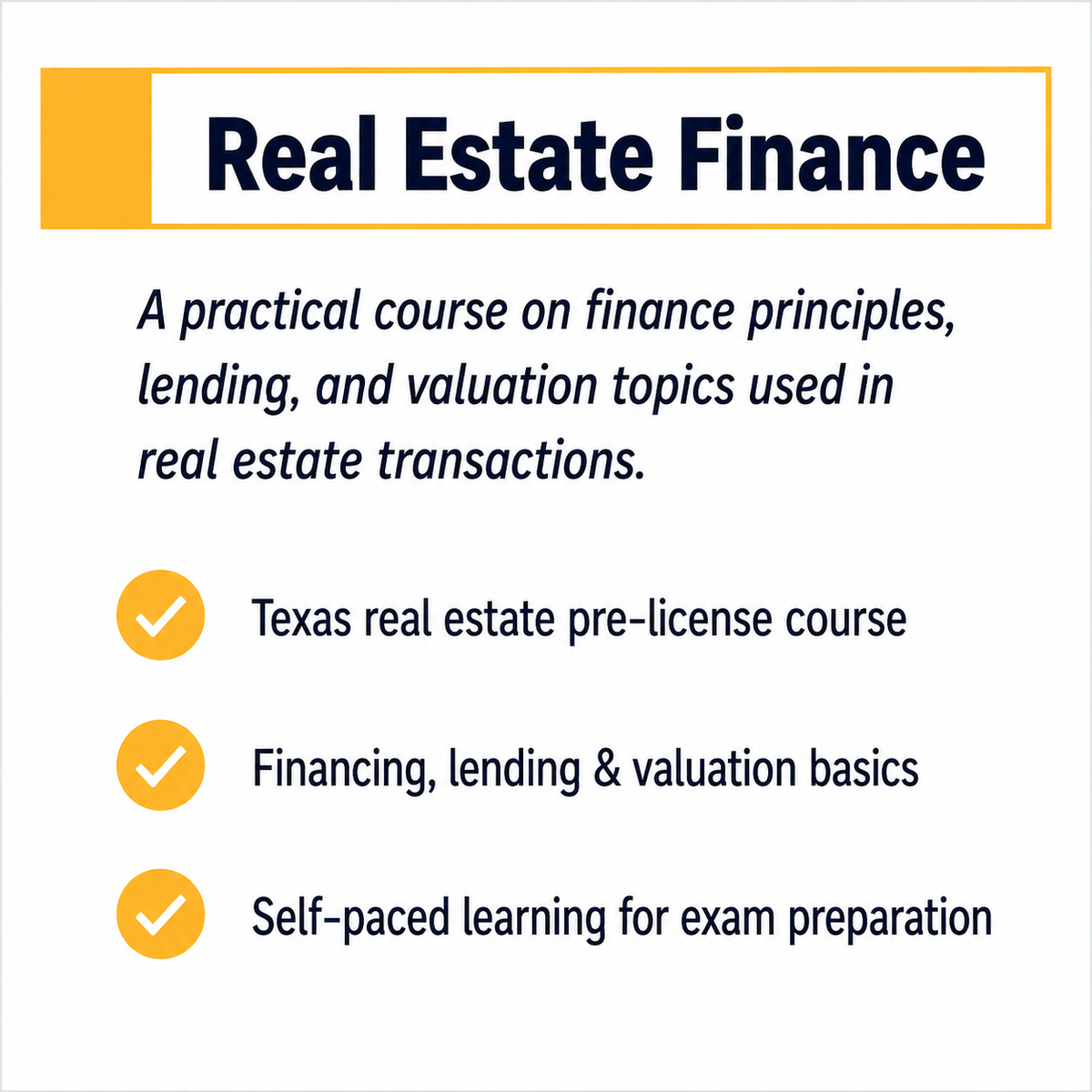 Time2Renew Texas Real Estate Pre-license Real Estate Finance course covering finance principles, lending, and valuation topics