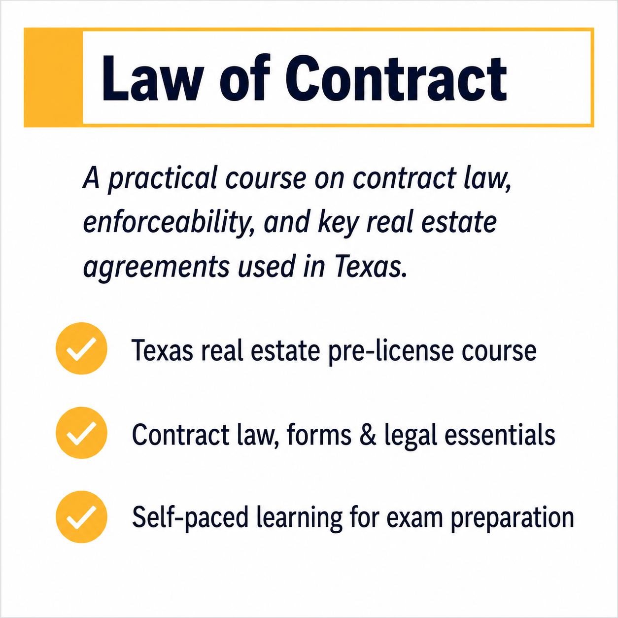 Time2Renew Texas Real Estate Pre-license Law of Contract course covering contract law, enforceability, and real estate agreements