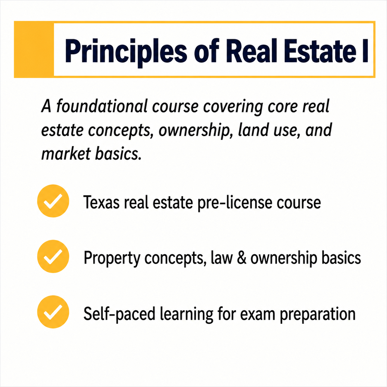 Time2Renew Texas Real Estate Pre-license Principles of Real Estate I course covering core estate concepts, ownership, land use, and market basics