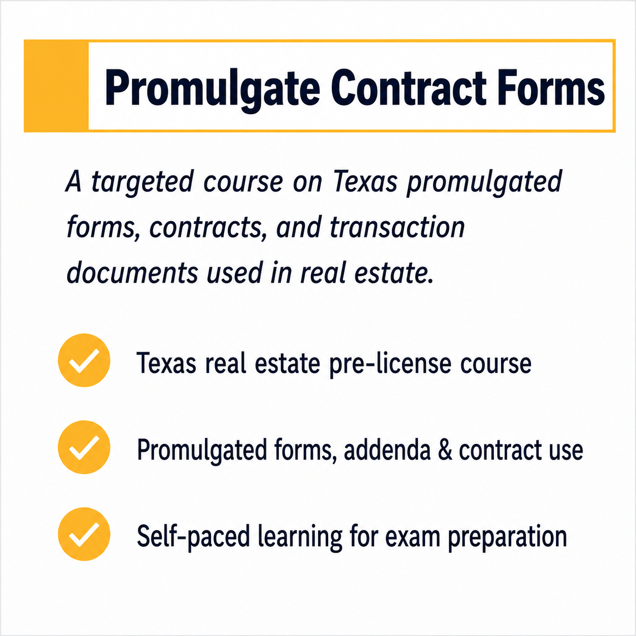 Time2Renew Texas Real Estate Pre-license Promulgated Contract Forms course covering forms, contracts, and transaction documents used in Texas