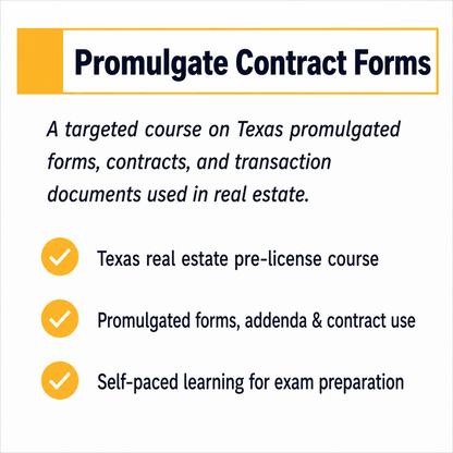 Time2Renew Texas Real Estate Pre-license Promulgated Contract Forms course covering forms, contracts, and transaction documents used in Texas